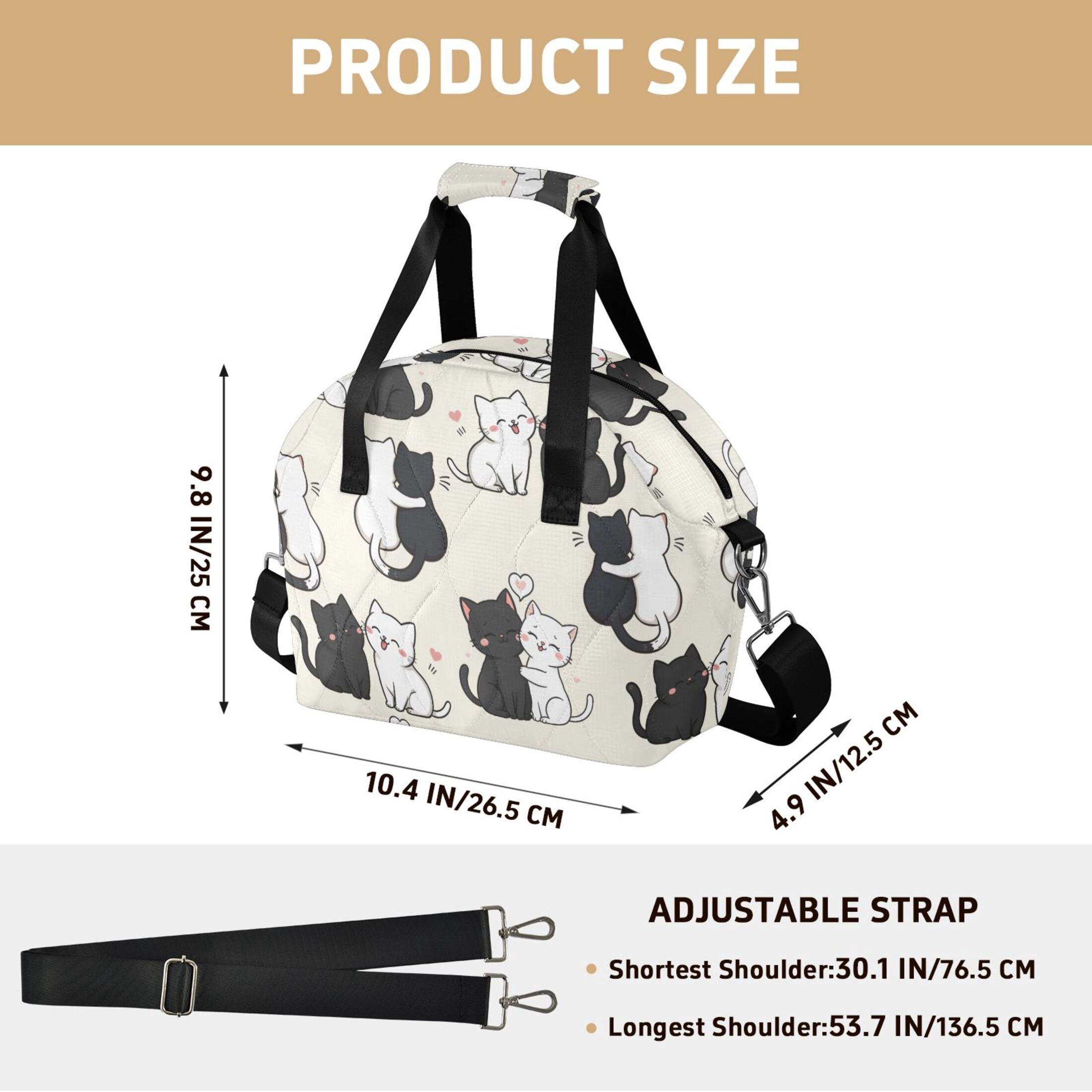 Black and White Kitten Women Lunch Bag Quilted Insulated Water Resistant Tote for Work and Picnic