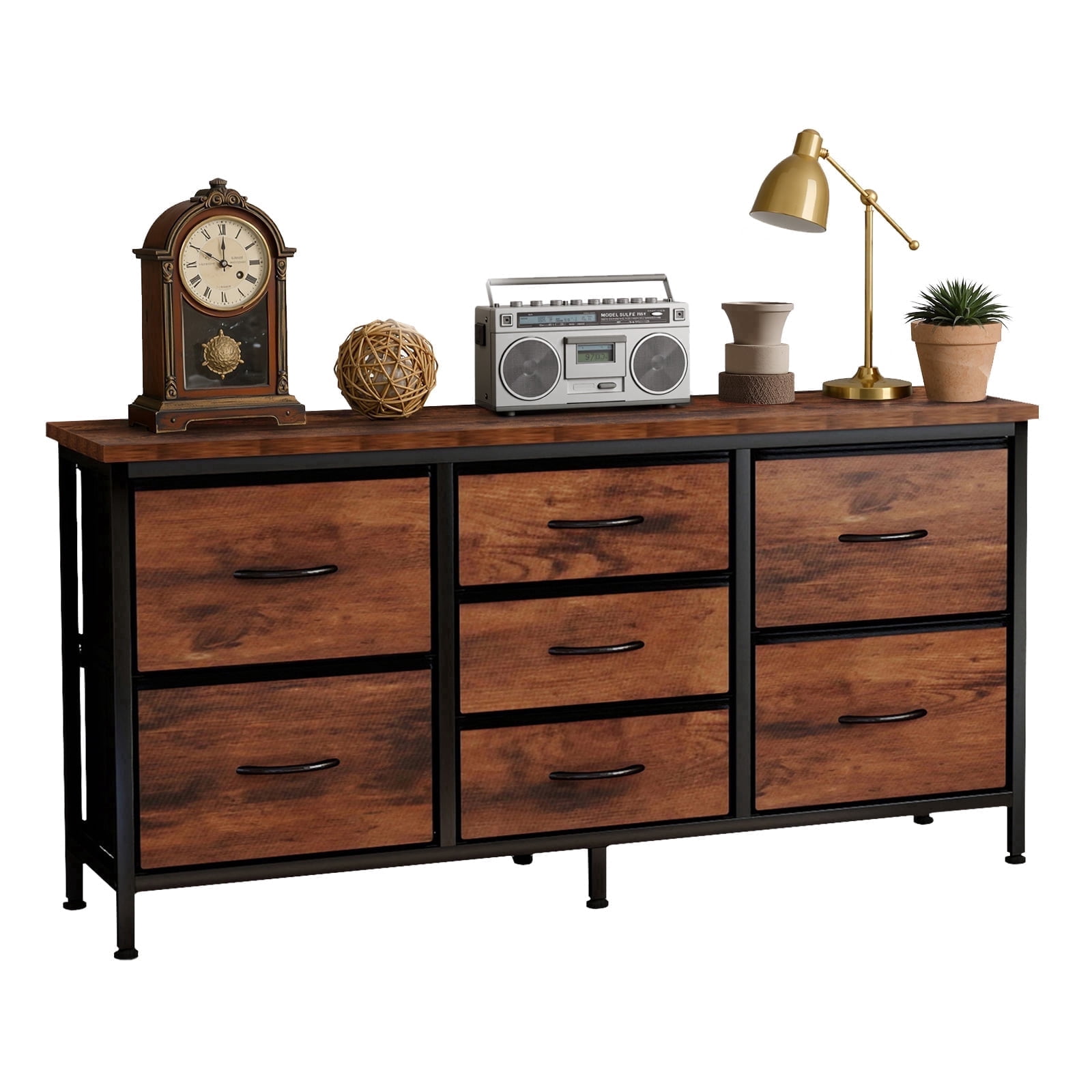 Telyra 7-Drawer Dresser with Wood Shelf, Sturdy Metal Frame, Versatile Media Console Dresser for Bedroom, Rust