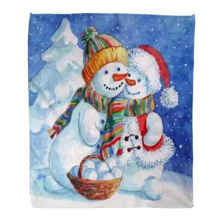 SIDONKU Throw Blanket Warm Cozy Print Flannel Loving Couple of Snowmen Snowman and Snow Woman Forest Watercolor Love February Comfortable Soft for Bed Sofa and Couch 58x80 Inches