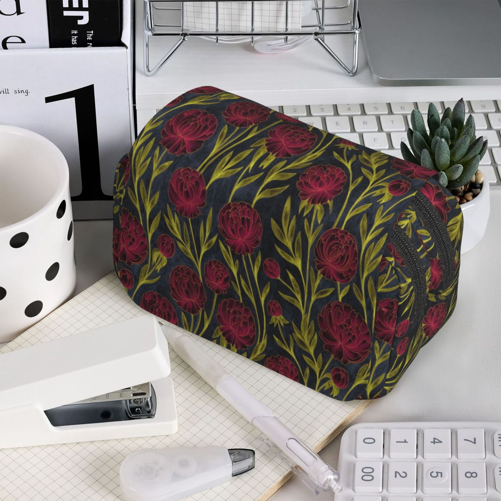 Rateoe Burgundy Peony Flowers Pattern Double Clamshell Pen Case, Storage Organizer with Two Zipper Compartments– Holds Up to 50 Pencils & Pens