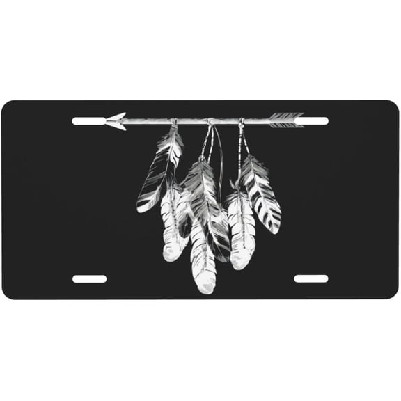 White Feather Black License Plate, Decorative Car Front License Plate, Aluminum Novelty License Plates Vanity Tag Metal Car Plate for Women Men 6 X 12 Inch