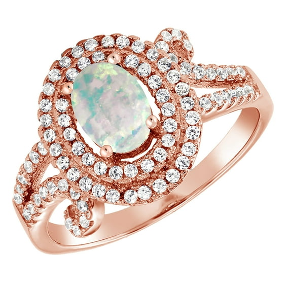 Gem Stone King 1.88 Ct Oval Cabochon White Simulated Opal 18K Rose Gold Plated Silver Ring (Size 6)