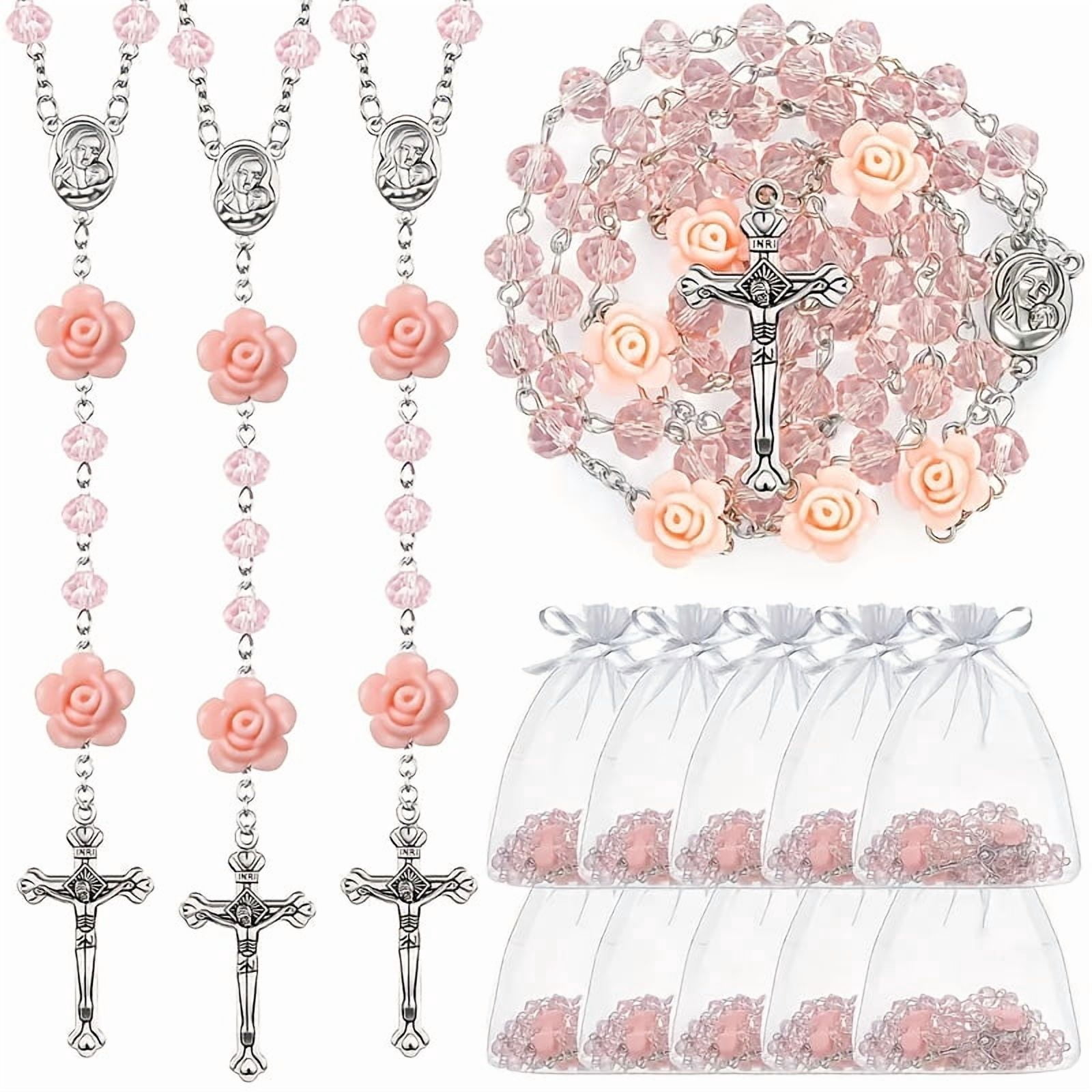 Catholic Rosary Beads Necklace for Women Crystal Beads Flowers Necklace Rosaries Prayer Gifts with Organza Bags for First Communion Confirmation Christmas Baptism Favors