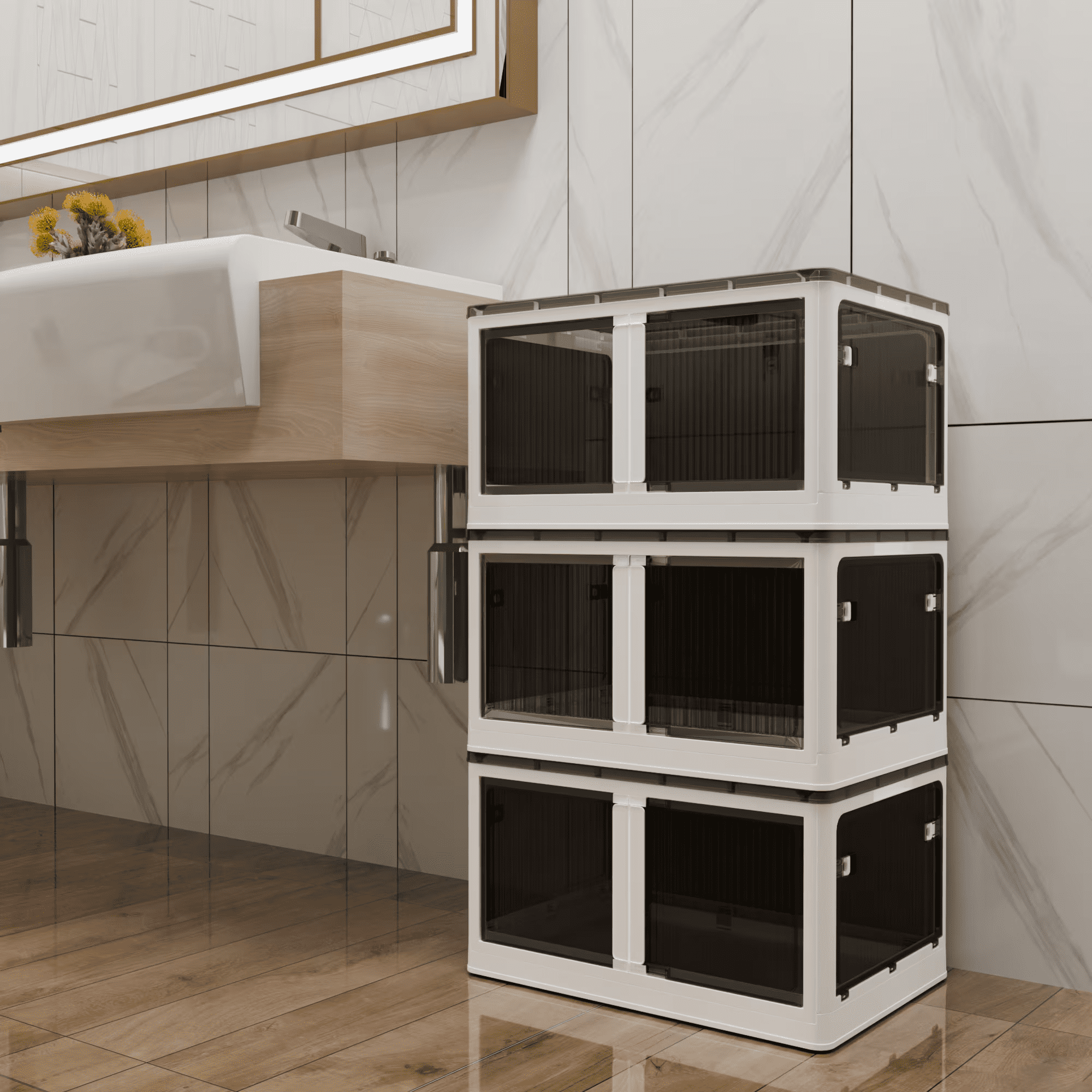 384QT 3-Pack Transparent Stackable Storage Bins with 5 Doors to Open with Wheels, Folding Plastic Craft Containers Large Closet Organizers Box for Bedrooms Living Rooms Study Kids' Toys, White