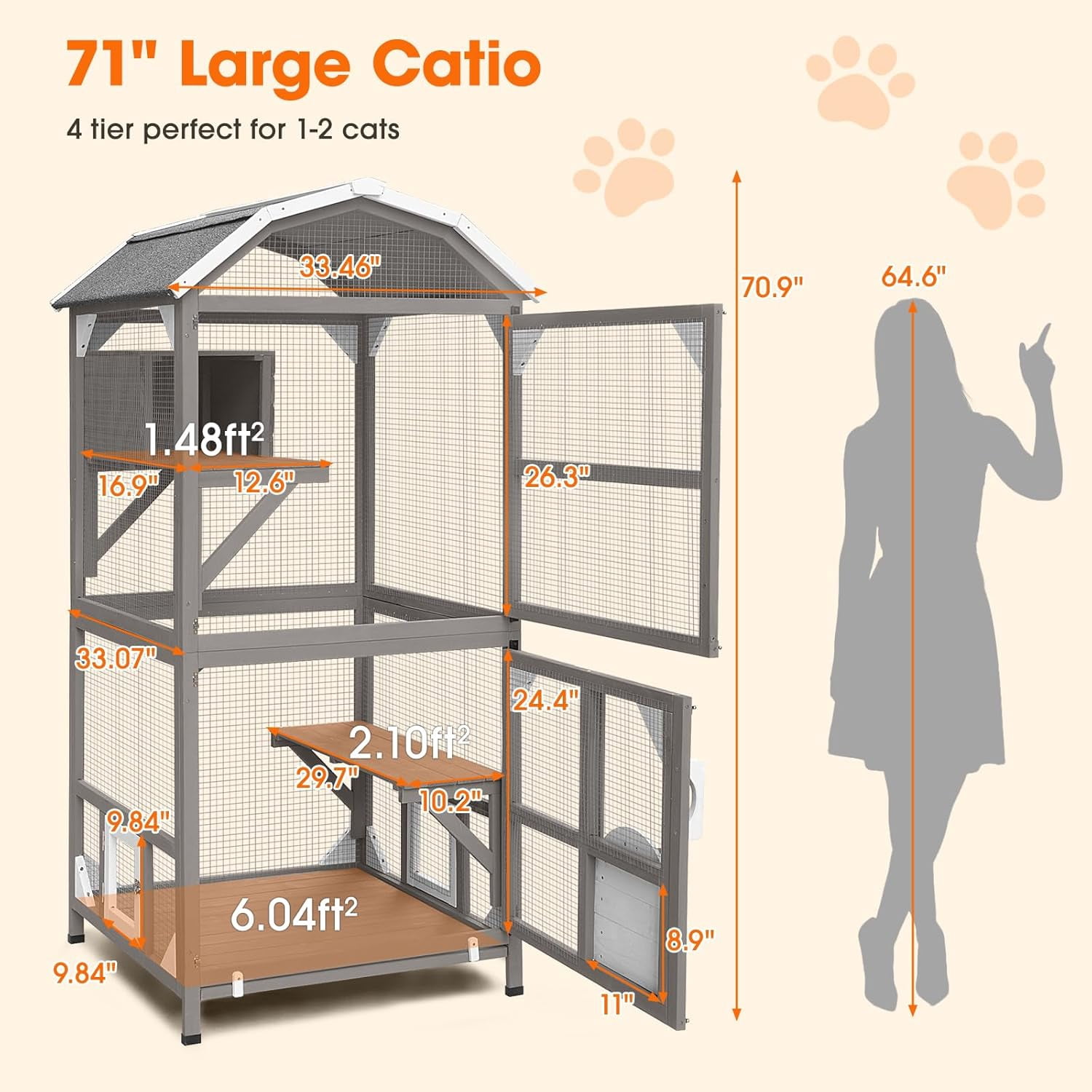 Petsblublu 71"H Outdoor Cat Enclosure Wooden Cat House 4 Tiers with Removable Floor