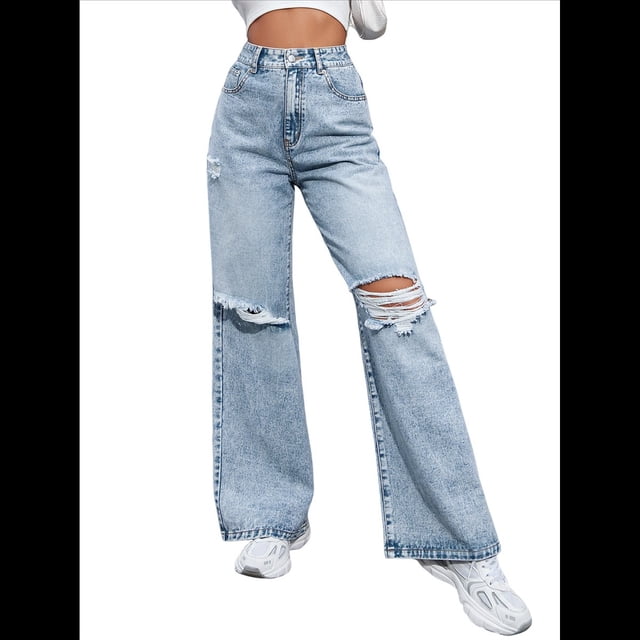 Pantalones Vaqueros Rotos de Cintura Alta para Mujer, Desgastados, Holgados, Rectos y de Pierna Azul S