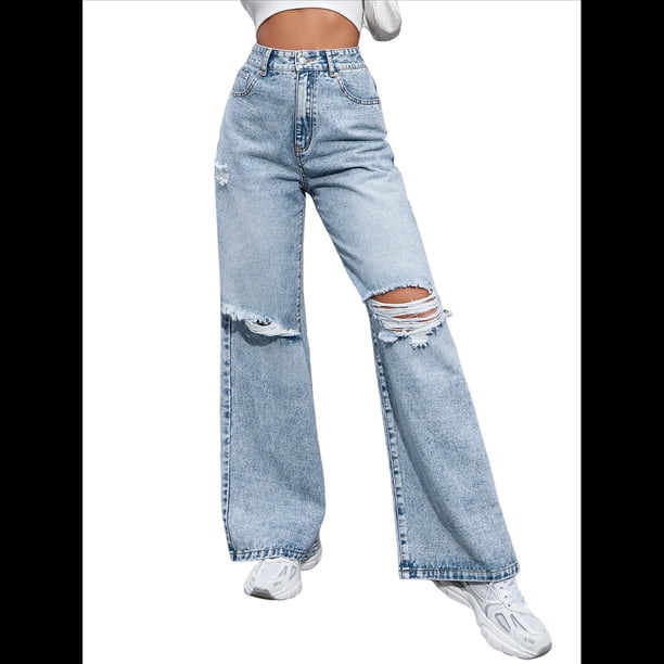 Pantalones Vaqueros Rotos de Cintura Alta para Mujer, Desgastados, Holgados, Rectos y de Pierna Azul L