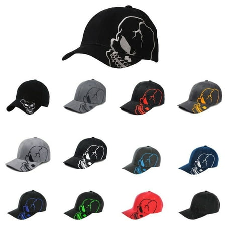 Leather Biker Skull Cap - Skull Skateboard Biker Halloween Costume Gothic Goth Racing Baseball Cap Hat-Skull on Brim - Red