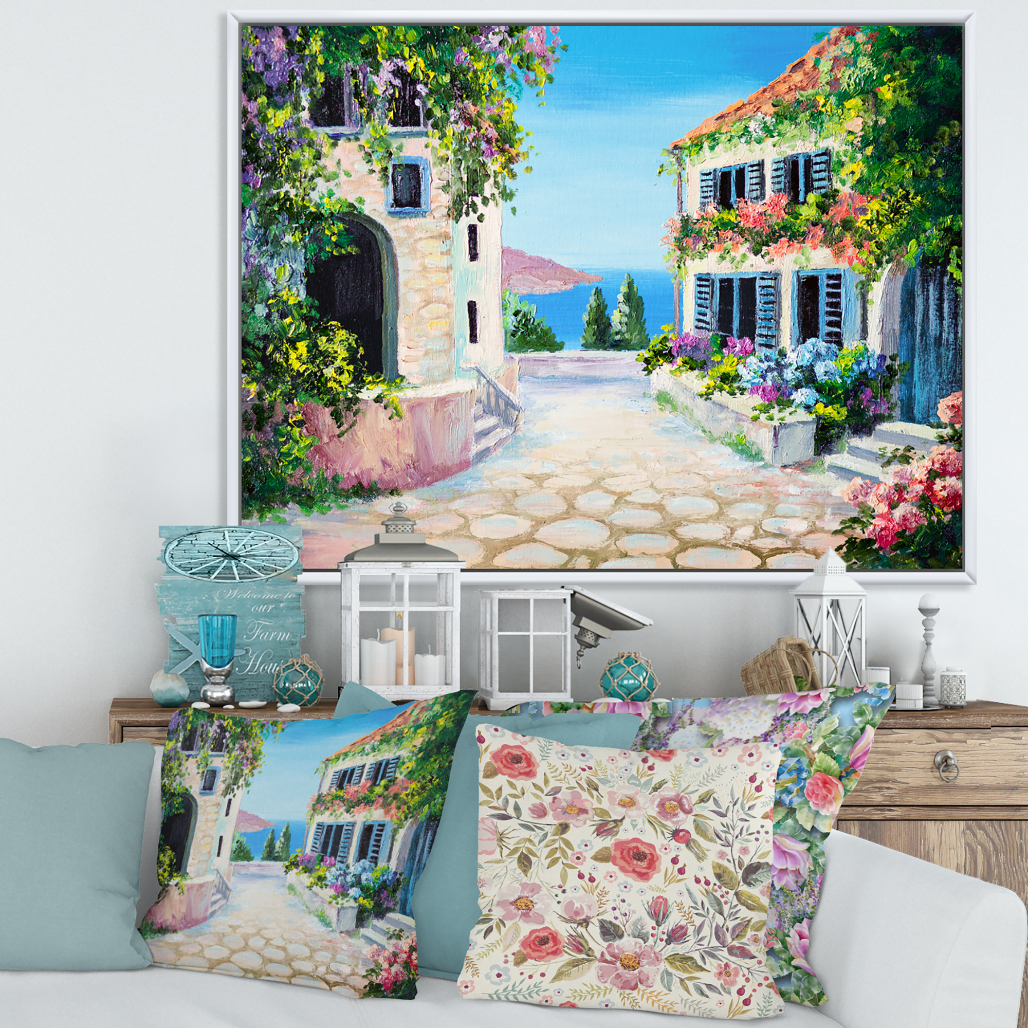 Designart 'Blossoming Flowers With White Houses With Near The Sea' Nautical & Coastal Framed Canvas Wall Art Print