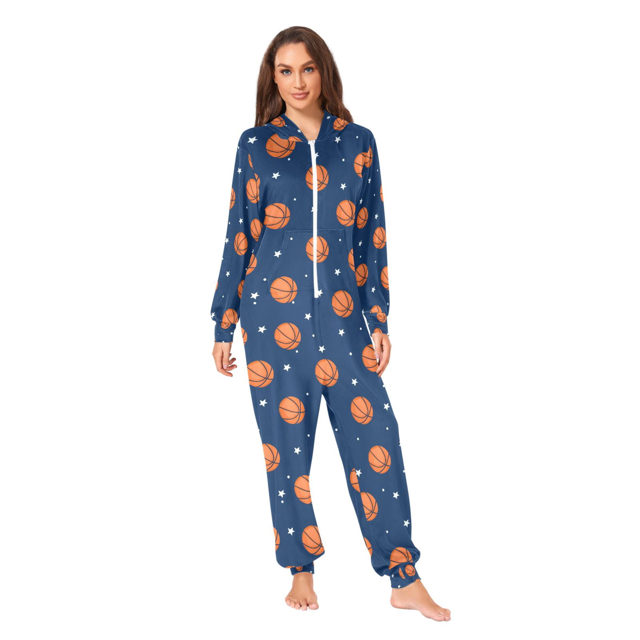 Adult Christmas Onesie Basketball Star Adult Zipper One-Piece Pajamas Unisex Pajamas with Pockets