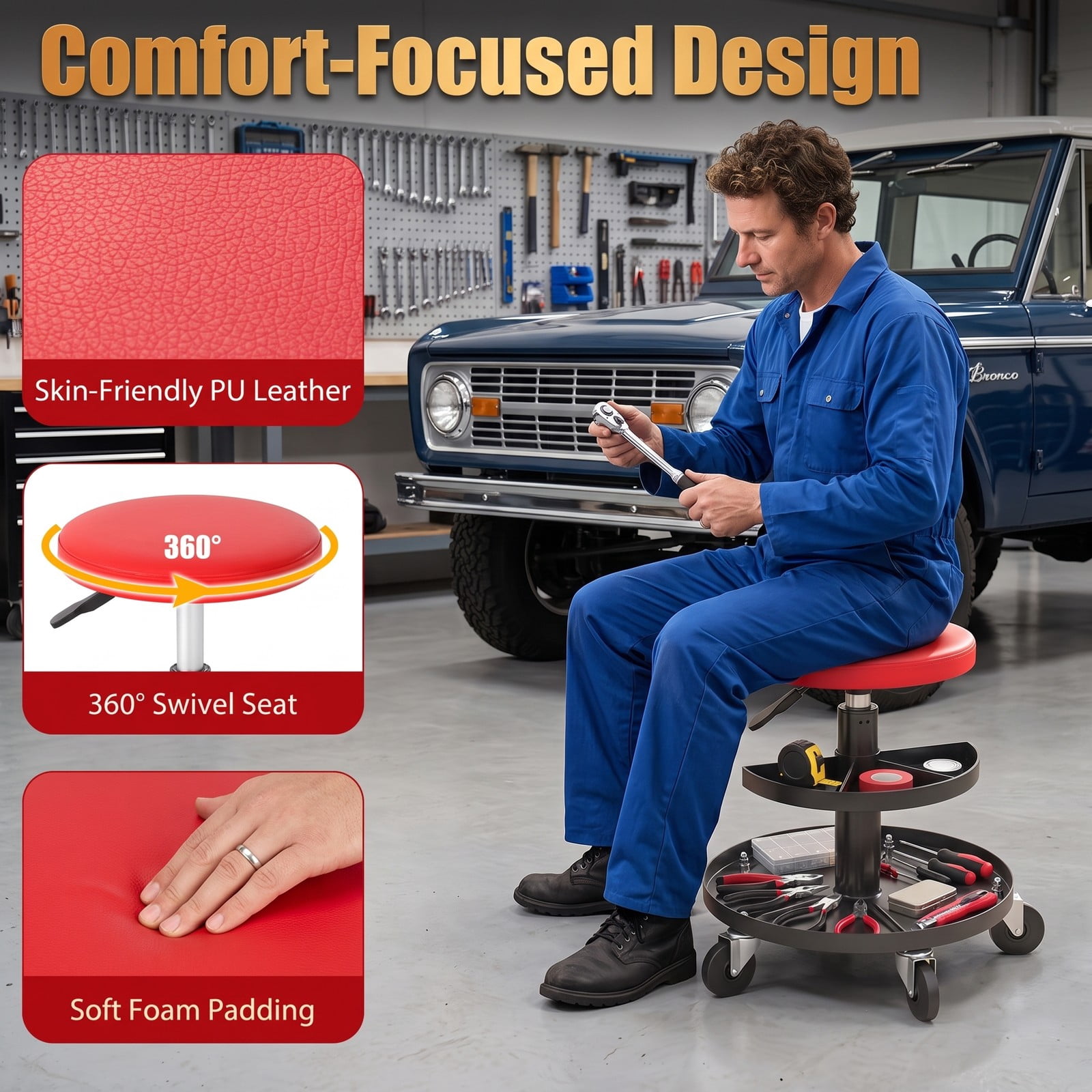 Furnibear Rolling Mechanic Stool with Wheels, 16.5-22 in Adjustable Height Swivel Shop Stool, 2-Tier Tool Trays, PU Leather Padded Seat, 360 Degree Casters, 265, Red