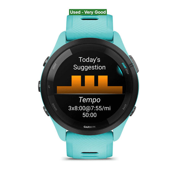 Pre-Owned Garmin Forerunner 265 Running Smartwatch, Colorful AMOLED Display, Training Metrics and Recovery Insights, Aqua and Black