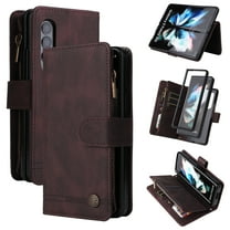 Galaxy Z Fold 3 Case, TECH CIRCLE Z Fold 3 Case Wallet for Women Men PU Leather Magnetic Flip Wrist/Shoulder Strap Zipper Card Holder Case for Samsung Galaxy Z Fold 3 5G, Brown