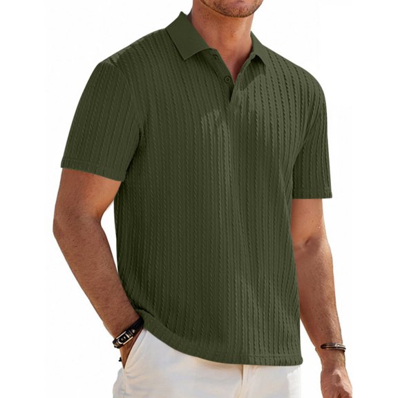 Satingcolo Mens Polo Shirt Texture Knitted Button T-Shirt Casual Short Sleeve Summer Vacation Golf Shirts,Army Green XL
