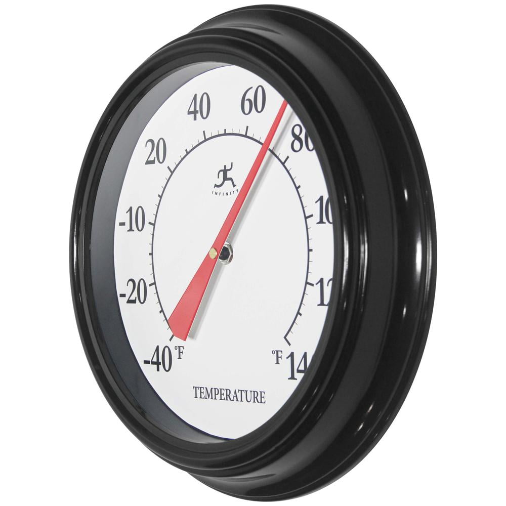 Infinity Instruments 12 inch Traditional Classic Basic No Battery Required Built-in Hygrometer Indoor/Outdoor Thermometer for Patio, Porch, Living Room Essential Durable Wall Thermometer, Black