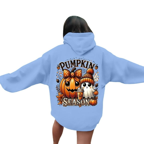 Sweatshirts for Women Trendy Halloween Hoodie with Pumpkin Ghost Funny Print Oversized Long Sleeve Top Fall Tops,Light Blue,XL