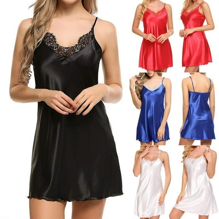 - Women Sexy Sleepwear Nightgown Satin Silk Babydoll Lace Robes Night Sleep Dress