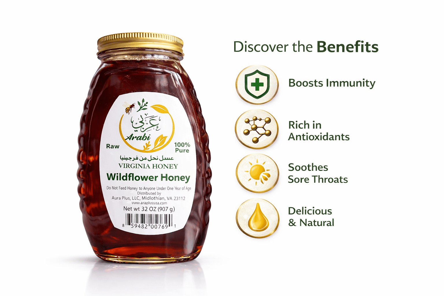 Arabi Raw Virginia Wildflower Honey 100% Pure 32 oz 907 g Natural with Rich Floral Taste Health Boosting Properties Vegan Syrup