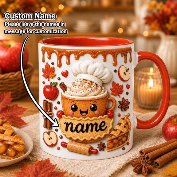 Personalized Pumpkin Spice Mug, Cute Apple Pie Coffee Cup for Fall Bakers