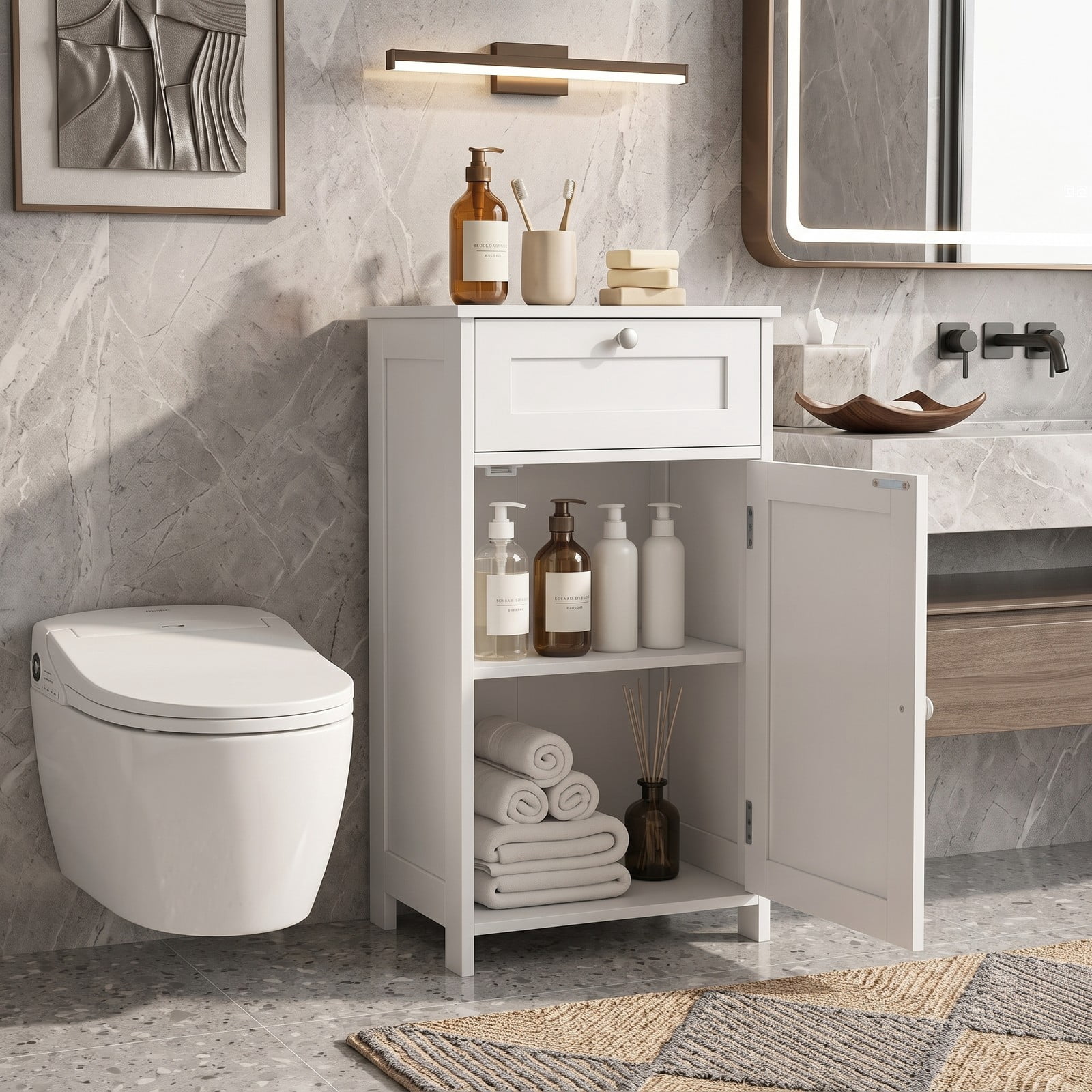 Fenbeli Single Door Bathroom Cabinet with Adjustable Shelf and Drawer, Freestanding Floor Storage Organizer Cabinet for Bathroom, Living Room, Entryway with, White