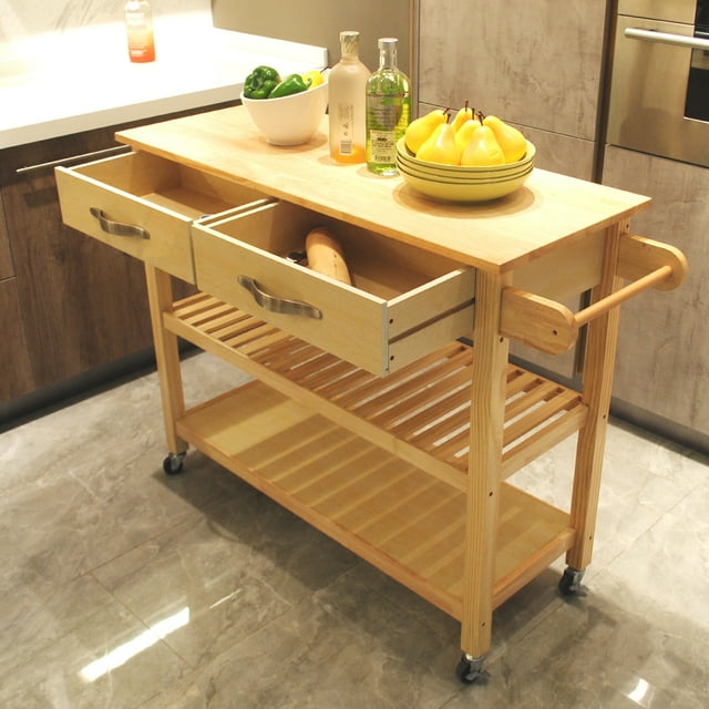 Highsound Wooden Kitchen Island Cart with Lockable Wheels, 3 Tier