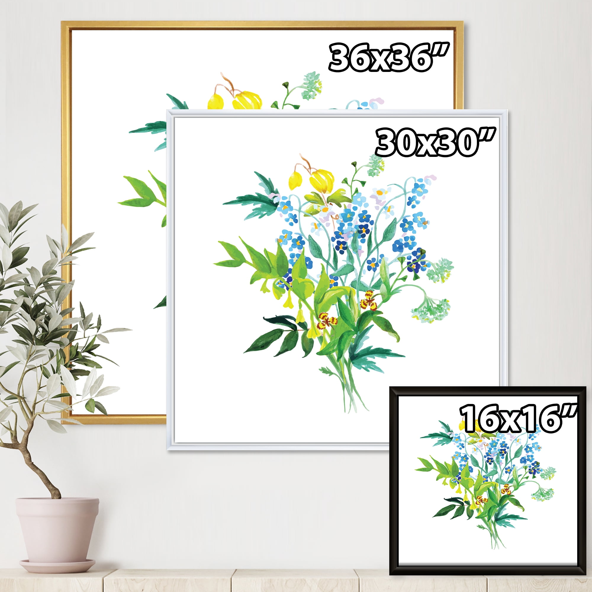 Designart 'Meadow Flowers Garland On White' Farmhouse Framed Canvas Wall Art Print