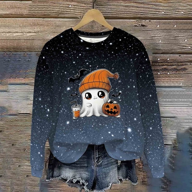 Heisall Womens Hoodies Halloween-themed Sparkling Print Round Neck Long Sleeve Fleece-lined Casual Sporty Fashion Sweatshirts