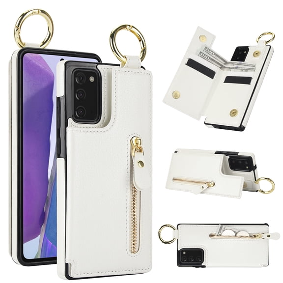 Wallet Case for Samsung Galaxy A51 4G, Premium Vintage PU Leather Magnetic Closure Handbag Zipper Pocket Case Kickstand Card Holder Slots with Ring Hook Shockproof Flip Cover, White