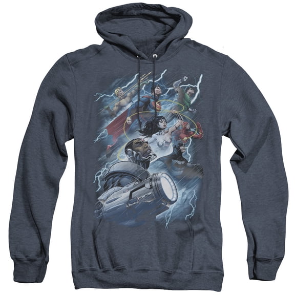JLA Justice League Ride The Lightening Adult Heather Hoodie Sweatshirt Navy