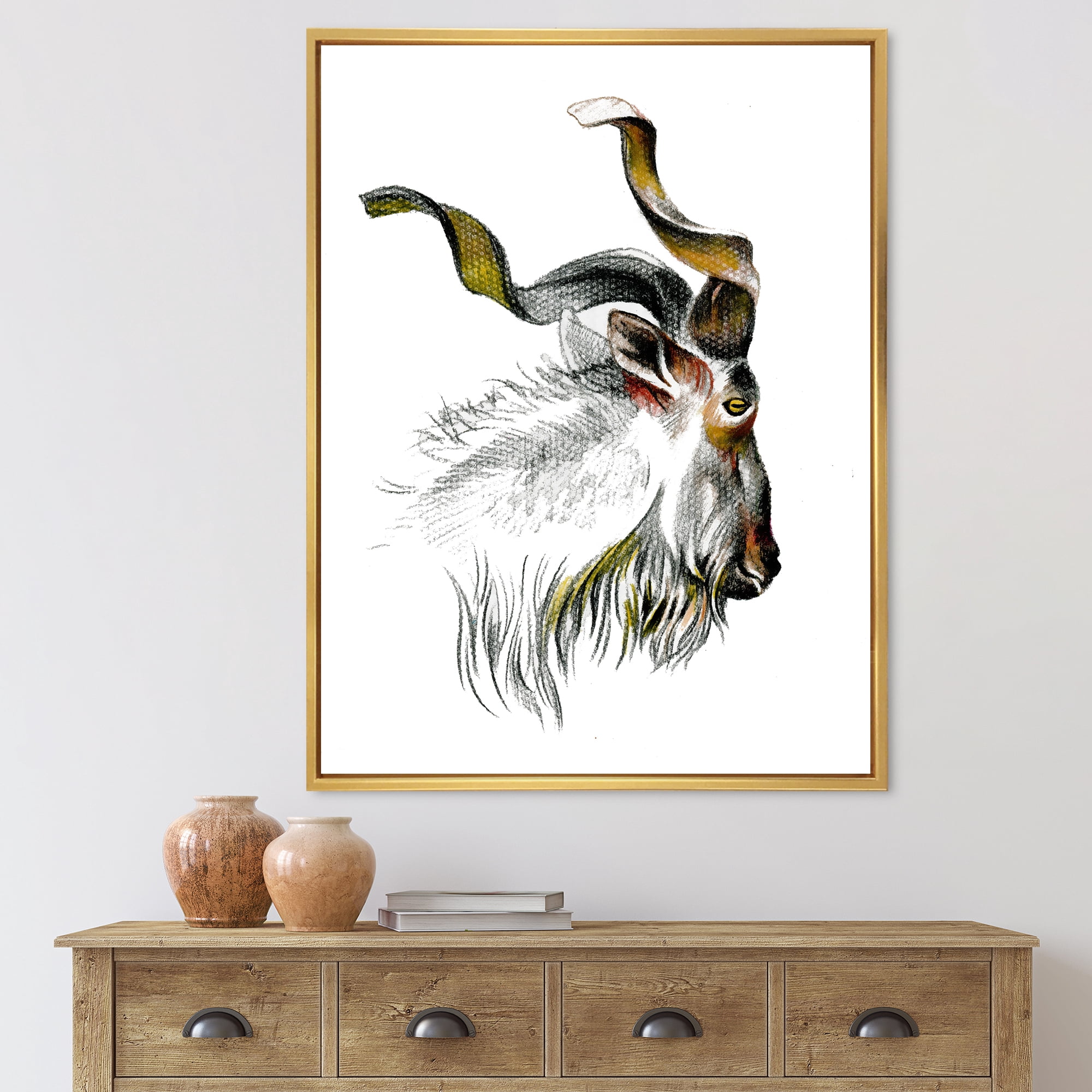 Designart 'Black and White Portrait Of Goat II' Farmhouse Framed Canvas Wall Art Print