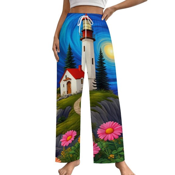 Lighthouse Under Starry Sky-2 Pajamas For Women Loose Retro Night Pajama Pants Comfortable Sleepwear Bottoms Homewear