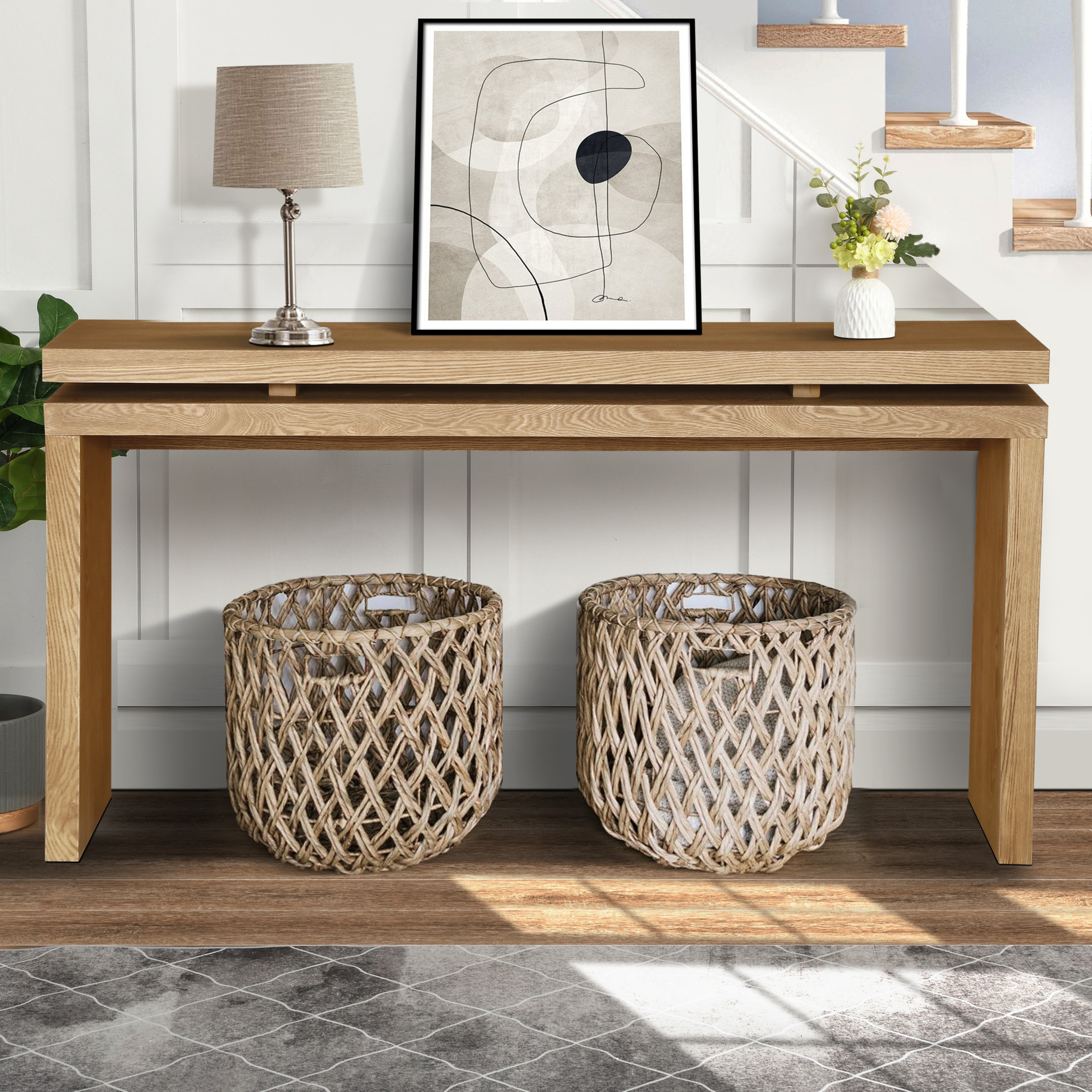 Noble House Farmhouse Console Table, Retro Antique Brown Entryway Table with Double Board Suspension Design, Solid Wood Sofa Table for Living Room, Antique brown