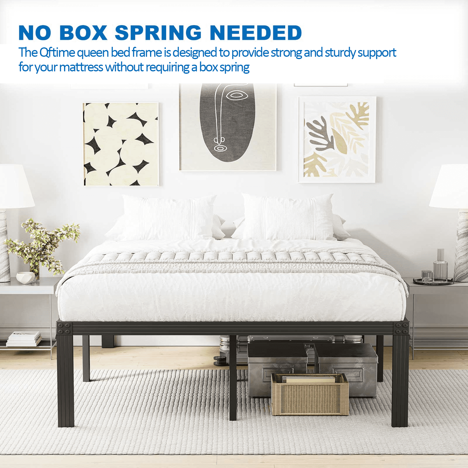 QFTIME 14" Queen Metal Bed Frame with Steel Slats, Heavy Duty Mattress Foundation