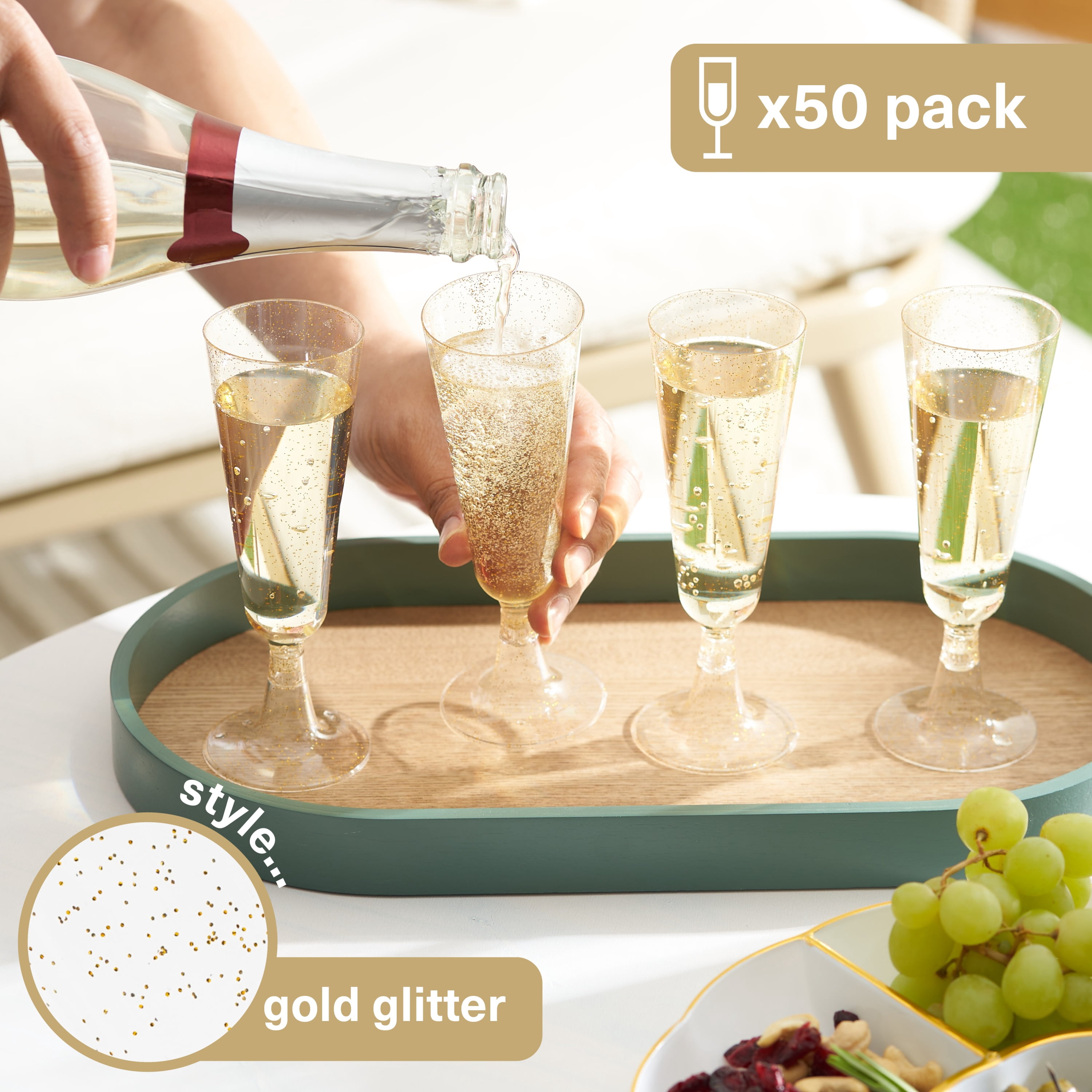 MATANA 5oz Gold Glitter Reusable Plastic Champagne Flutes Set of 50