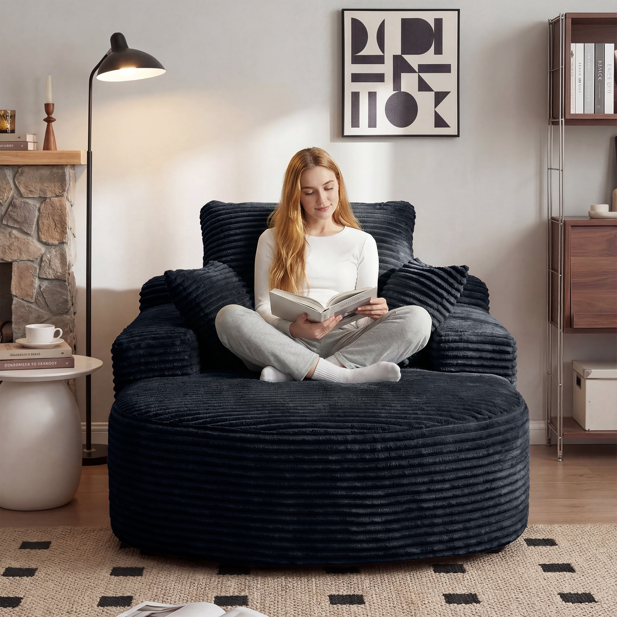 Sdorens 67" Chaise Lounge Chair Indoor,Oversized Corduroy Upholstered Boneless Sofa Bed,Deep Seat Sleeper Couch Reading Chairs Cloud Sofas Couches for Living Room, No Assembly Required (Black)