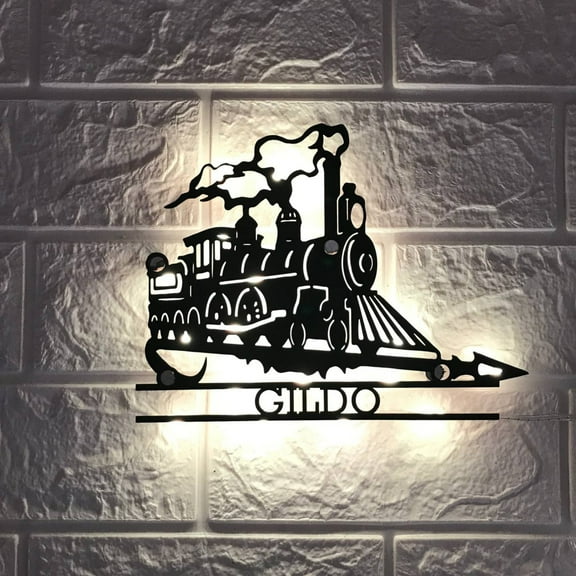 Handmadetneonsign Custom Name Steam Engine Train Locomotive Metal Wall Art with LED Light - Personalized Metal Sign