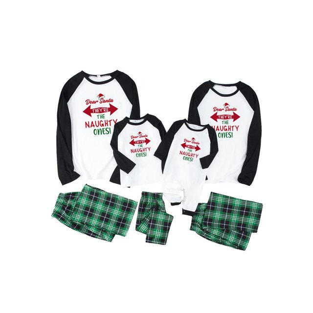 Pijamas Para La Familia Navidad Manga Larga Estampado De Letras Raglan Tops + Pantalones A Cuadros ; LVerde 1 Papa