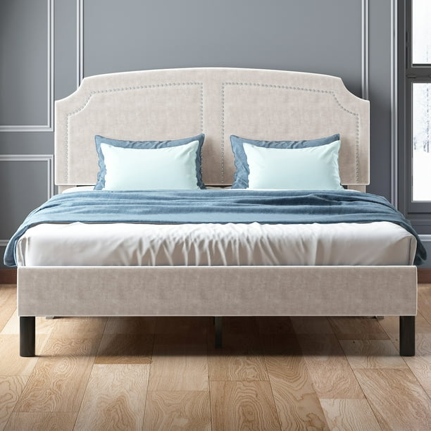 MUZZ Queen Bed Frame with High Headboard, Upholstered Platform Bed with