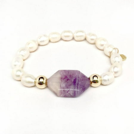 Julieta Jewelry Freshwater Pearl and Purple Rock Candy 14kt Gold over Sterling Silver Stretch Bracelet