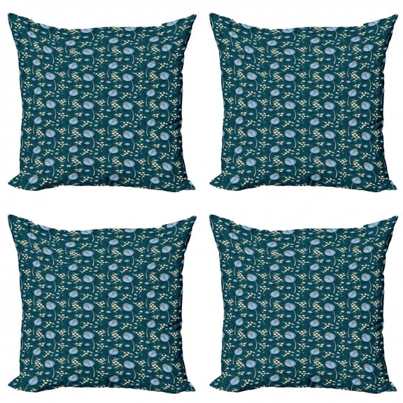 Botanical Throw Pillow Cushion Case Pack of 4, Abstract Botany Inspired Pattern with Dog-rose Buds, Modern Accent Double-Sided Print, 4 Sizes, Teal Sky Blue, by Ambesonne