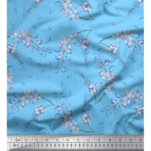 Soimoi Blue Cotton Poplin Fabric Leaves & Orchids Floral Printed Fabric 1 Yard 56 Inch Wide