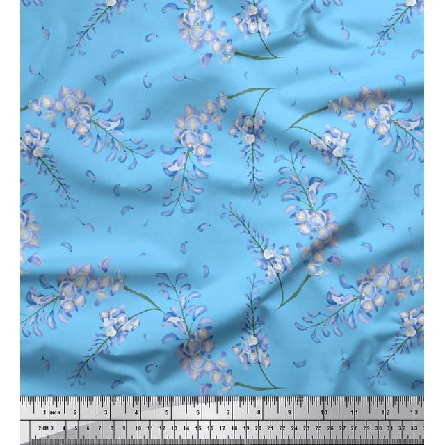 Soimoi Blue Poly Georgette Fabric Leaves & Orchids Floral Print Sewing Fabric Yard 42 Inch Wide