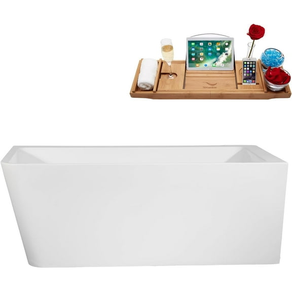 59" Streamline B-352-117-WH Soaking Freestanding Tub and Tray With Internal Drain in Glossy White