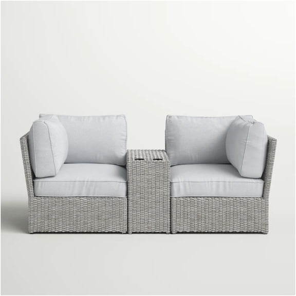 JERFIT Outdoor 3-Piece Patio Loveseat Set with Side Table & Cushions, Fully Assembled Gray Wicker Sofa for Porch, Balcony