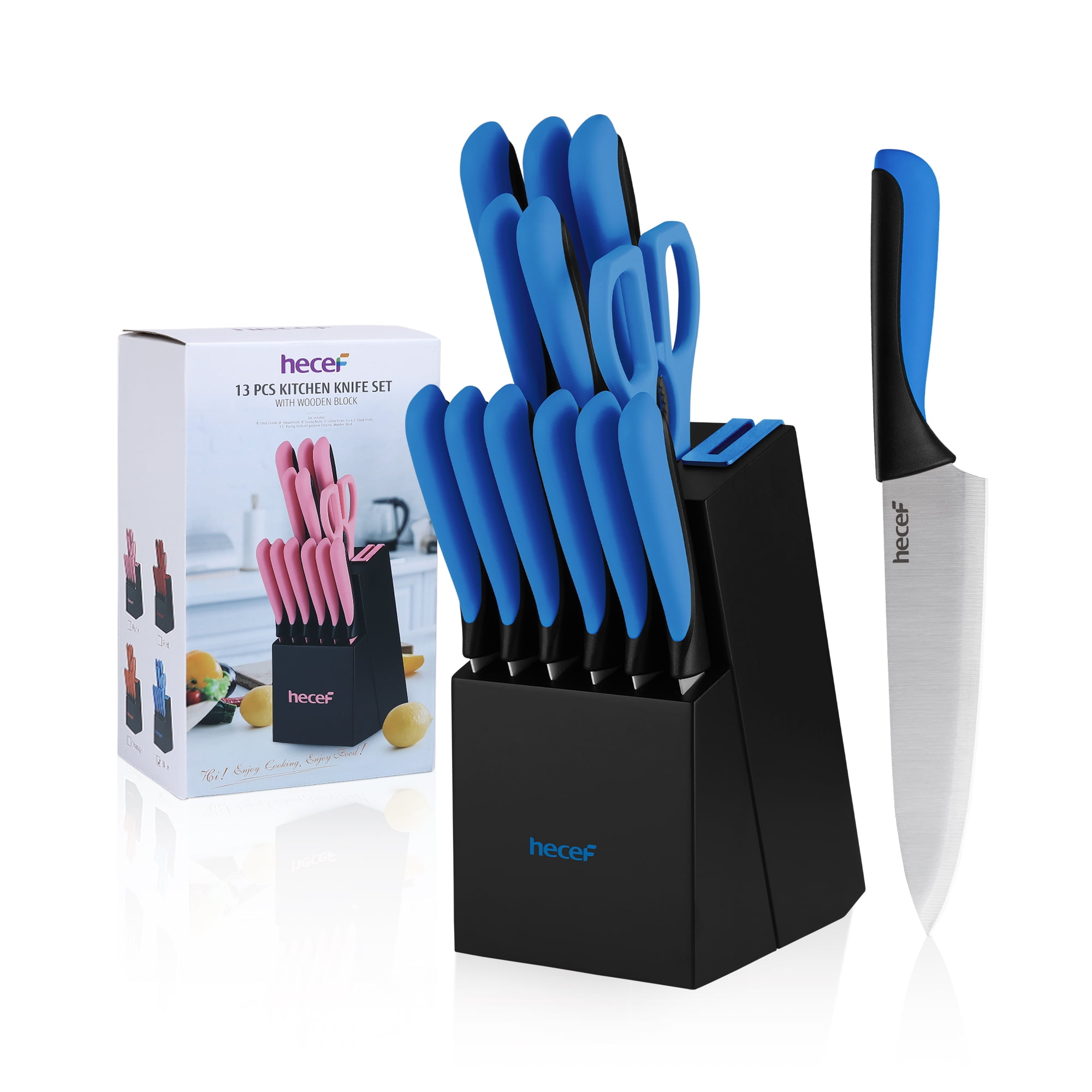 Hecef 13-Piece Knife Set with Block, High Carbon Steel Sharp Chef Knives with Build in Sharpener
