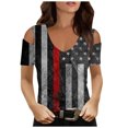 thumbnail image 2 of ZZwxWA Womens Short Sleeve Cold Shoulder V Neck Tops American Flag Printing Oversize Cut Out Blouse Tunic Loose Fit Casual T-Shirt Black Small, 2 of 5