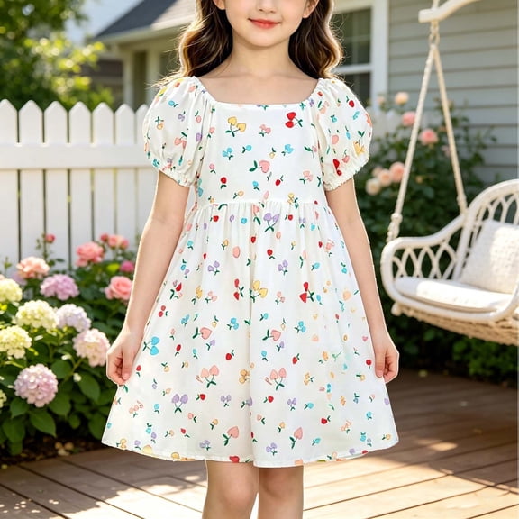 Amidoa Girls Summer Dresses A-Line Short Sleeve Dresses Cotton Print Kids Casual Sundress Multicolor Size 4T