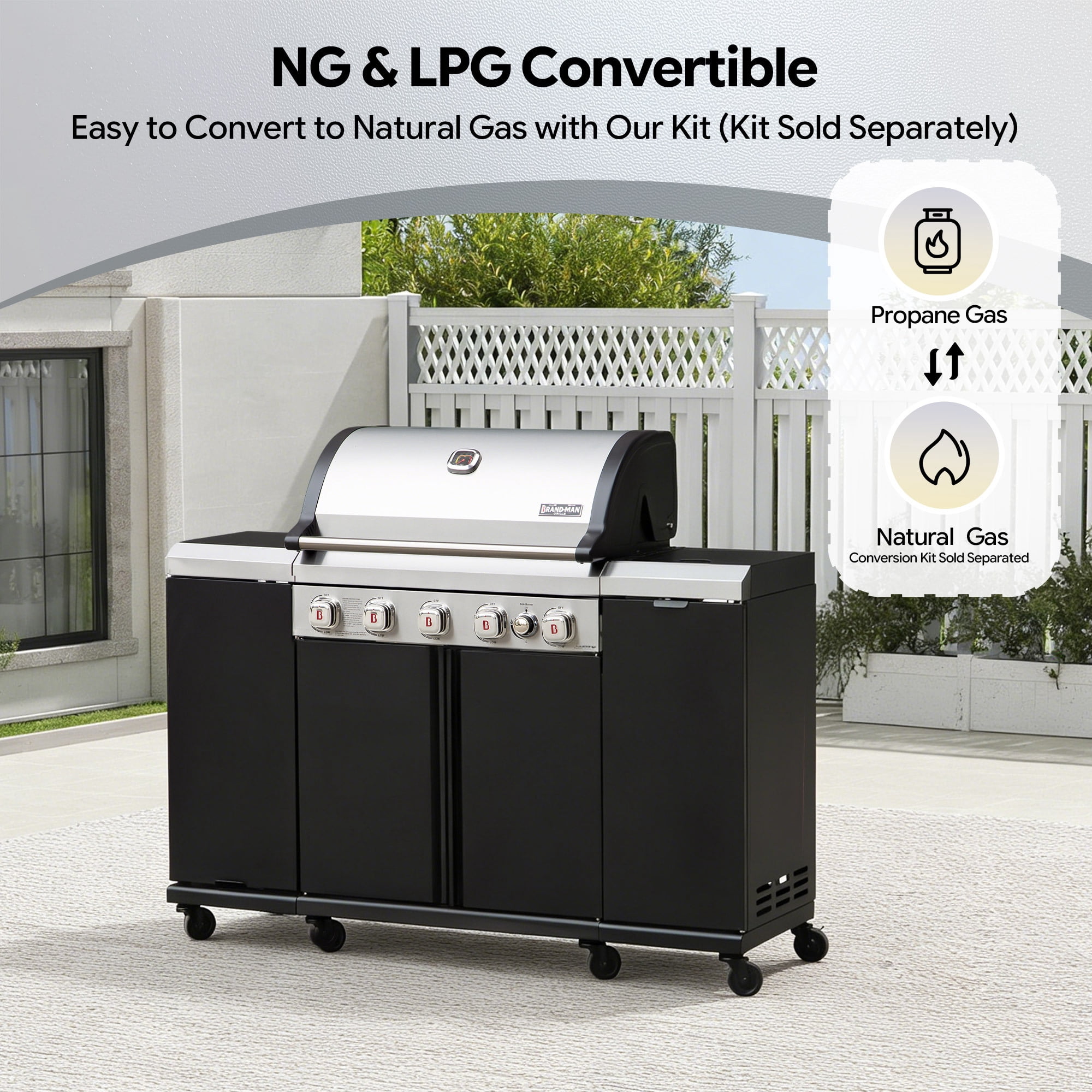 Brand Man 5-Burner Outdoor Gas Kitchen Grill Island with Side Burner, BBQ Station with Storage Cabinets and Fold-out Prep Table, LPG/NG Convertible