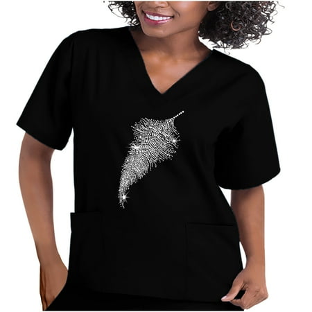 

Scrub Tops Women Feather Print V-Neck Short Sleeve Working Uniform Blouse Medical Scrub Tee with Pockets