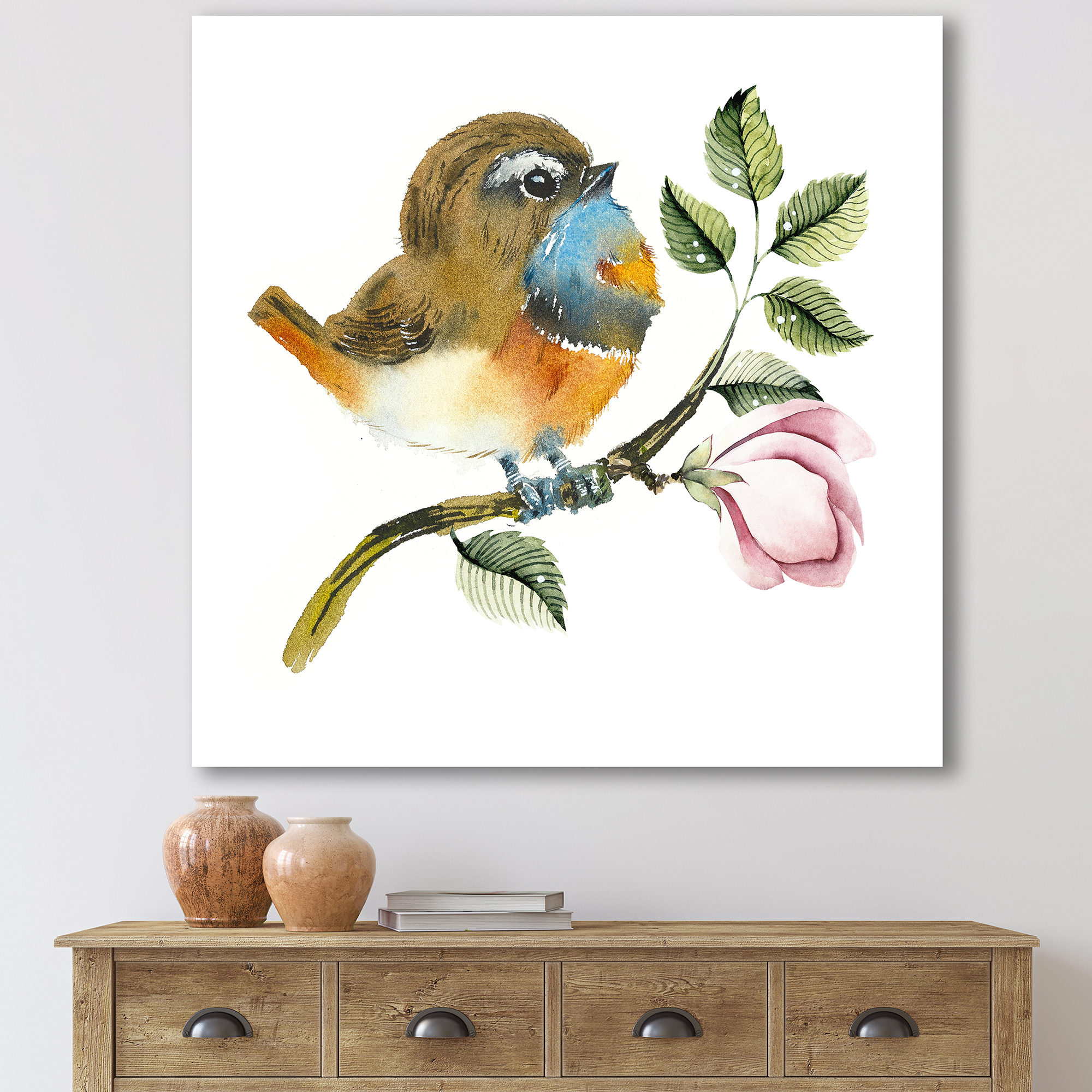 Designart ' Bluethroat Bird Sitting On A Branch ' Traditional Canvas Wall Art Print